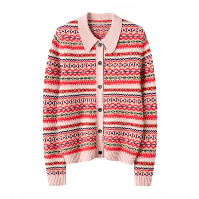 治愈色系100纯山羊绒POLO领短款秋冬休闲提花条纹加厚羊绒衫女