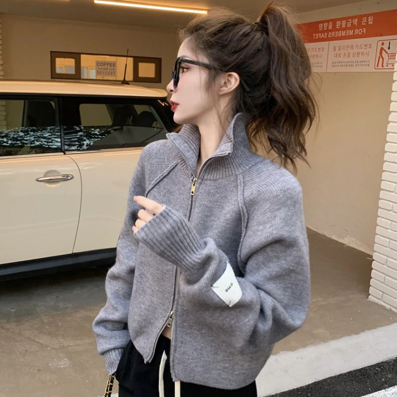 双拉链设计感毛衣外穿春秋季针织开衫外套短款上衣2023年新款女装