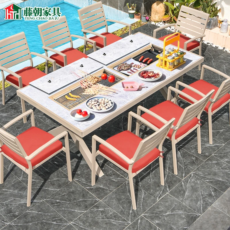【藤朝品牌】庭院铝合金烧烤桌椅户外别墅仿瓷砖桌面餐桌白色轻奢