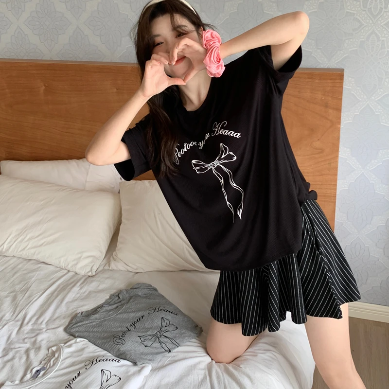 新款韩版时尚蝴蝶结印花圆领短袖夏短裤显瘦休闲胖MM可外穿家居服