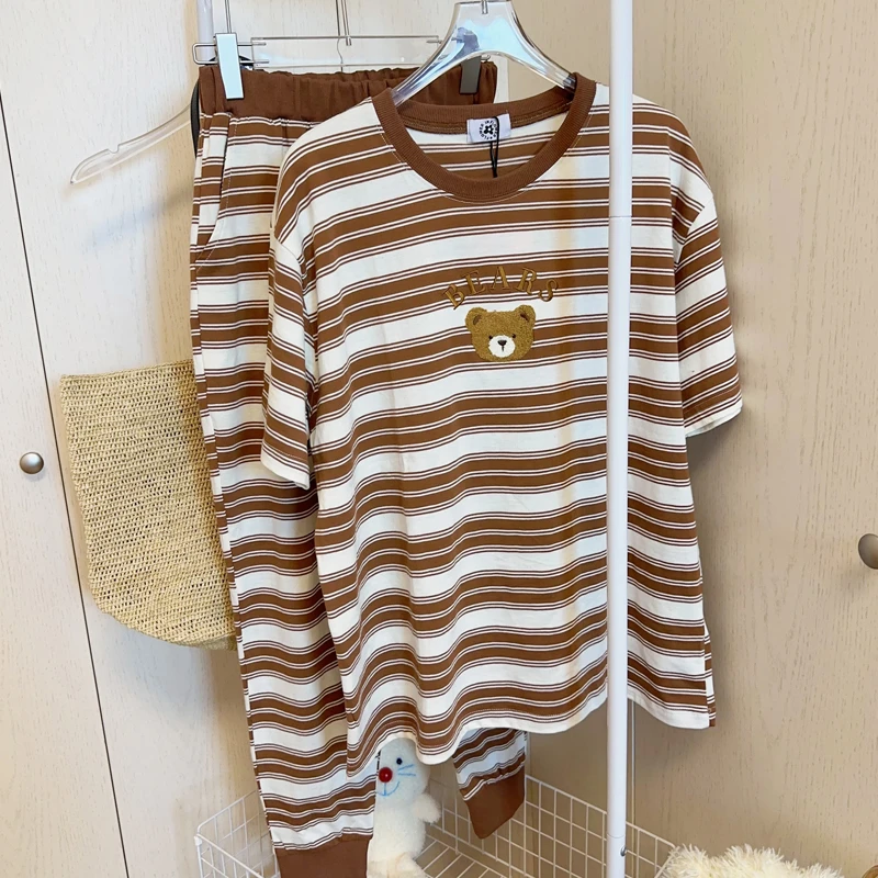 新款春秋季睡衣女可外穿卡通小熊字母圆领短袖长裤休闲宽松家居服