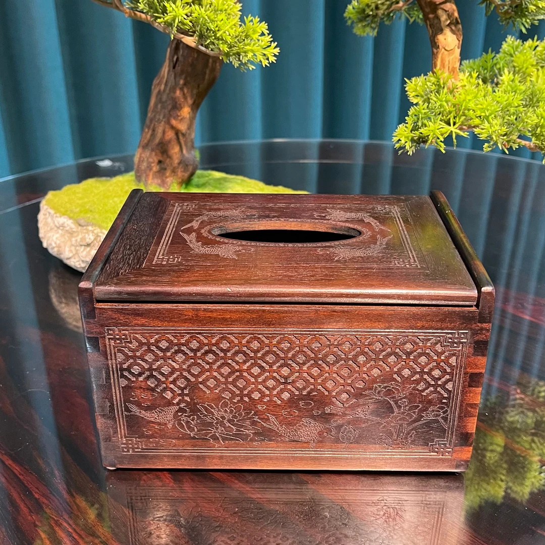 红酸枝年年有鱼纸巾盒 收纳盒 红木工艺品