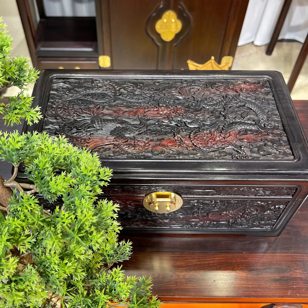 红酸枝中号36公分满雕龙凤文玩首饰收纳盒红木工艺品