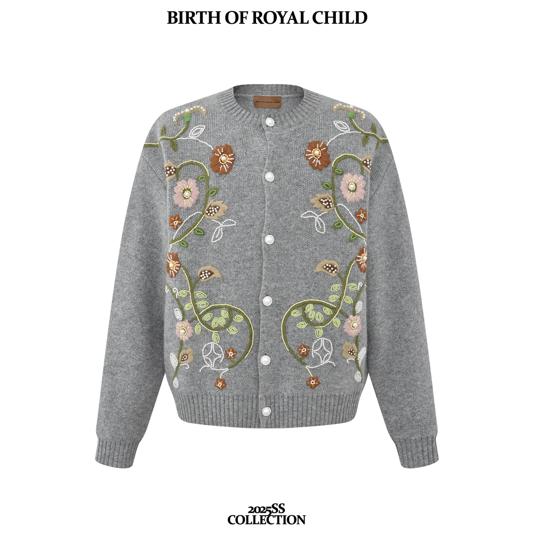 BIRTH OF ROYAL CHILDBORC 手绣花卉珍珠开衫男羊毛开衫针织百搭