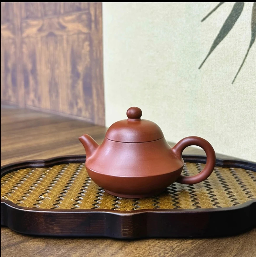 潮州手工手拉壶紫砂元宝茶壶110cc朱泥全手工大红袍功夫泡茶壶