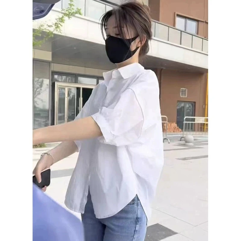 夏季大码遮肚显瘦女士五分袖衬衫新款白色防晒衬衣中袖时尚上衣