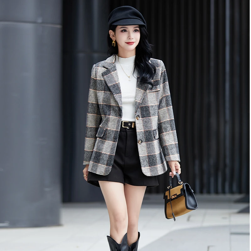 美娇蛾高端毛呢外套女洋气秋冬新品时尚韩版宽松中款加厚毛呢西装