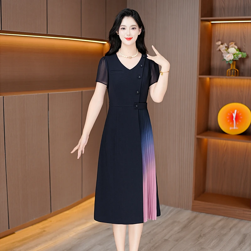 夏季新款气质连衣裙v领时尚拼色洋气中长裙修身显瘦裙子女