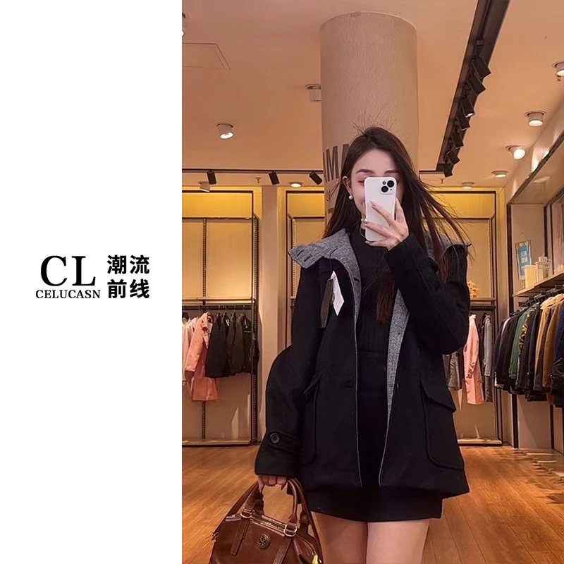 P5VBN093#黑色大衣情侣秋冬季2024年新款小个子高级感毛呢外套