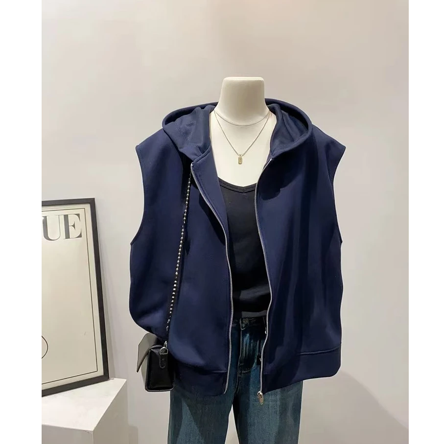 B4HBZ0469#3连帽开衫马甲女春秋薄款大码韩版设计感宽松无袖外套