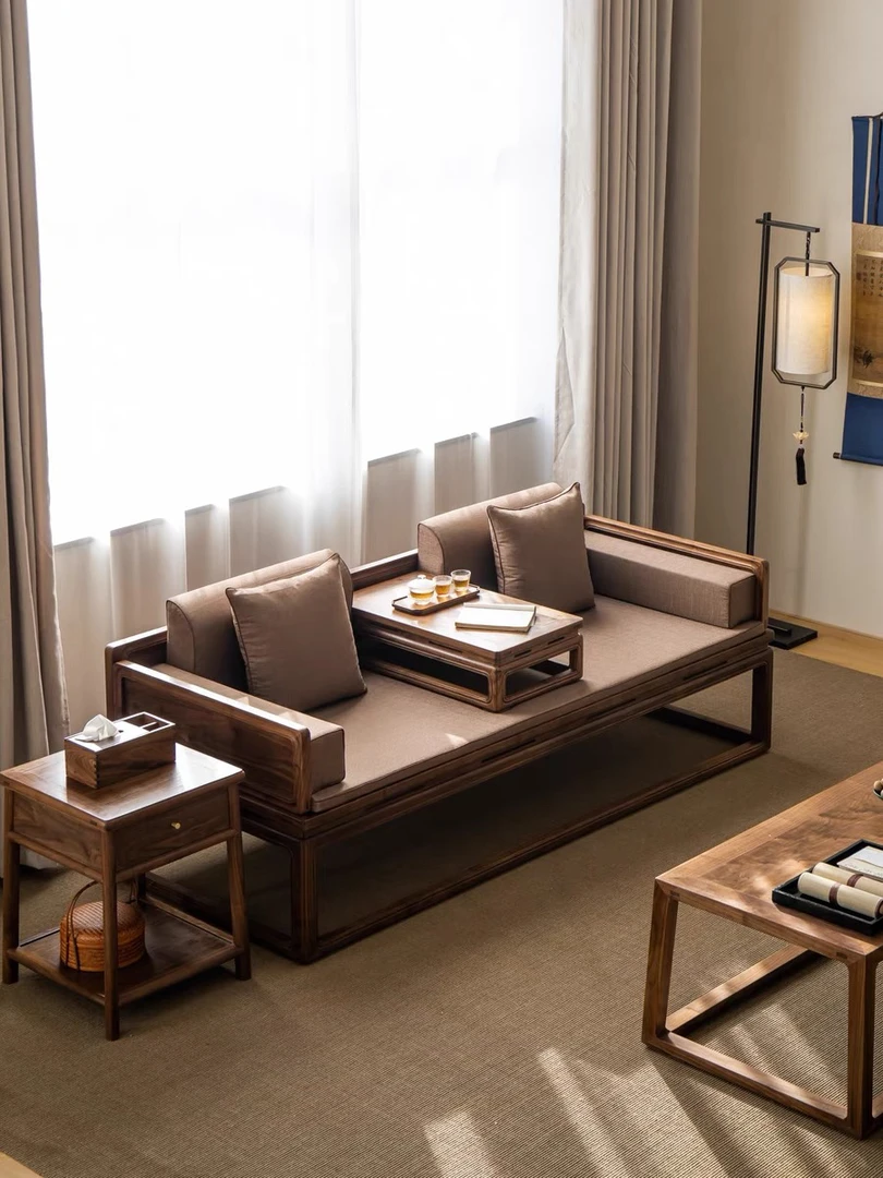 新中式罗汉床胡桃色创意禅意罗汉榻沙发床仿古贵妃榻轻奢罗汉床