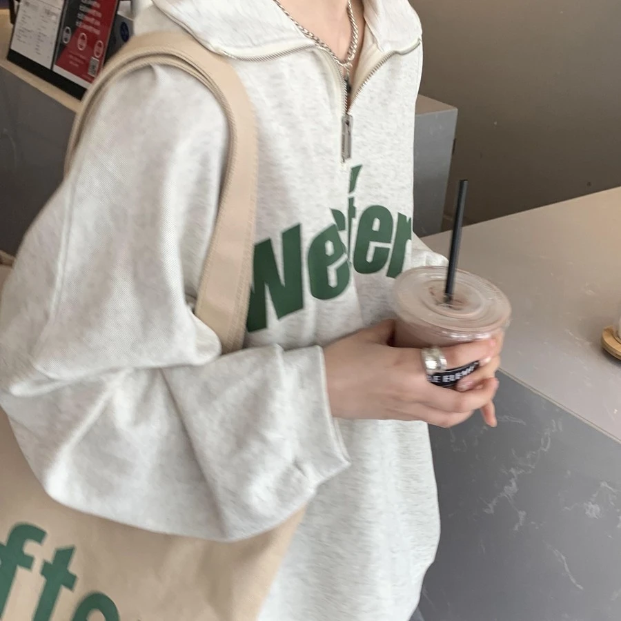 高端洋气时髦精致卫衣女秋冬加绒加厚灰色半拉链polo领高档次上衣