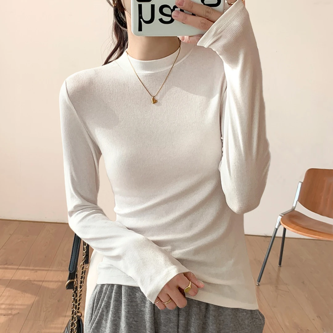 西装内搭长袖t恤半高领白色打底衫女秋冬修身小立领气质早秋上衣