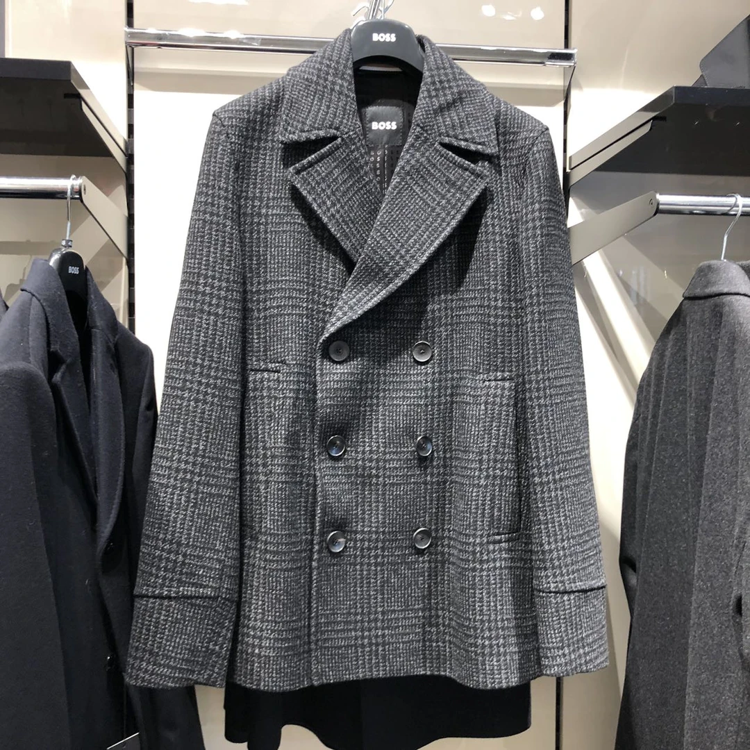 全新未使用 HugoBoss/雨果博斯 boss 新款 灰色格纹双排扣大衣