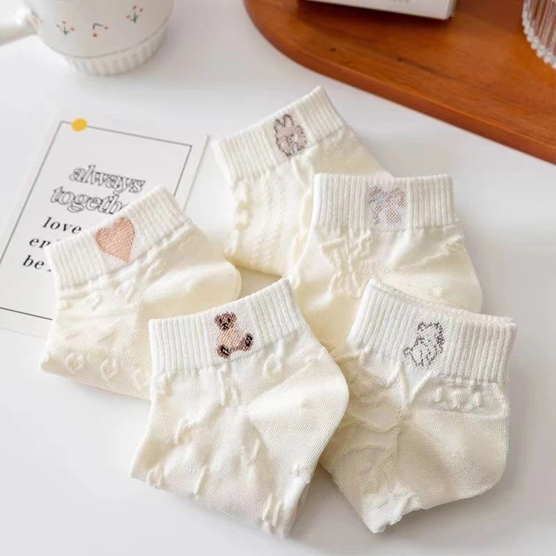 袜子短款成人吸汗低腰卡通脚踝夏季网眼小熊小白袜子女士夏天短袜