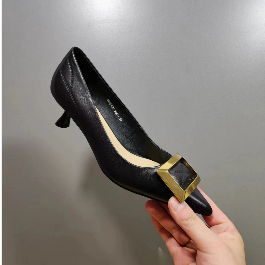 92222查家女鞋女单鞋气质时尚尖头浅口跟鞋羊皮女单鞋百搭舒适