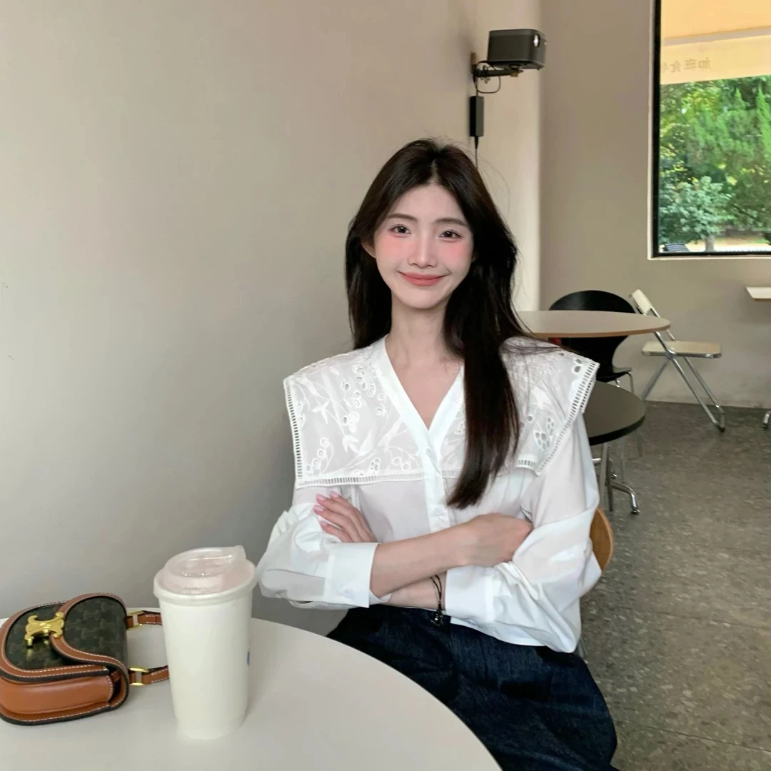 设计感翻领镂空花边衬衫女秋季2024新款气质百搭显瘦白色长袖上衣