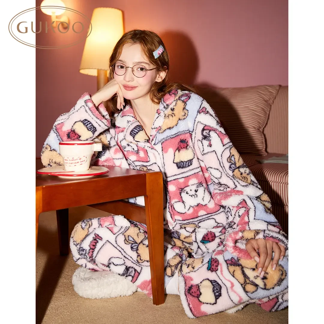 Gukoo/果壳mikko系列满印冬款家居服套装加绒加厚保暖