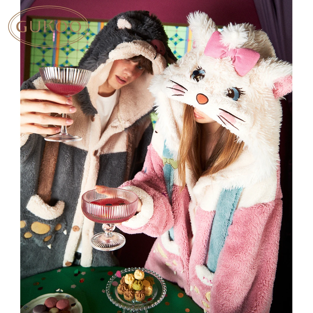 Gukoo/果壳冬季玛丽猫鲁斯佛系列卡通情侣家居服睡袍