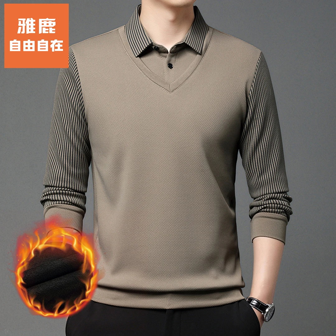 雅鹿•自由自在假两件翻领毛衣加绒加厚针织衫保暖秋冬季休闲上衣