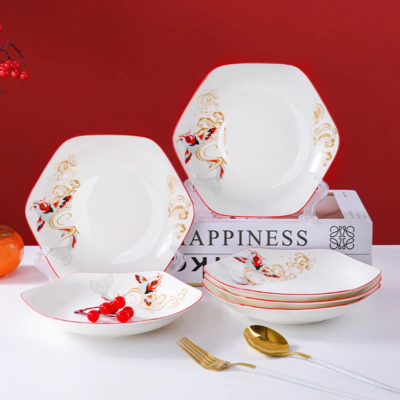 句途年年有余6个8英寸六角盘新年中国风家用菜盘子团圆大拼盘聚会