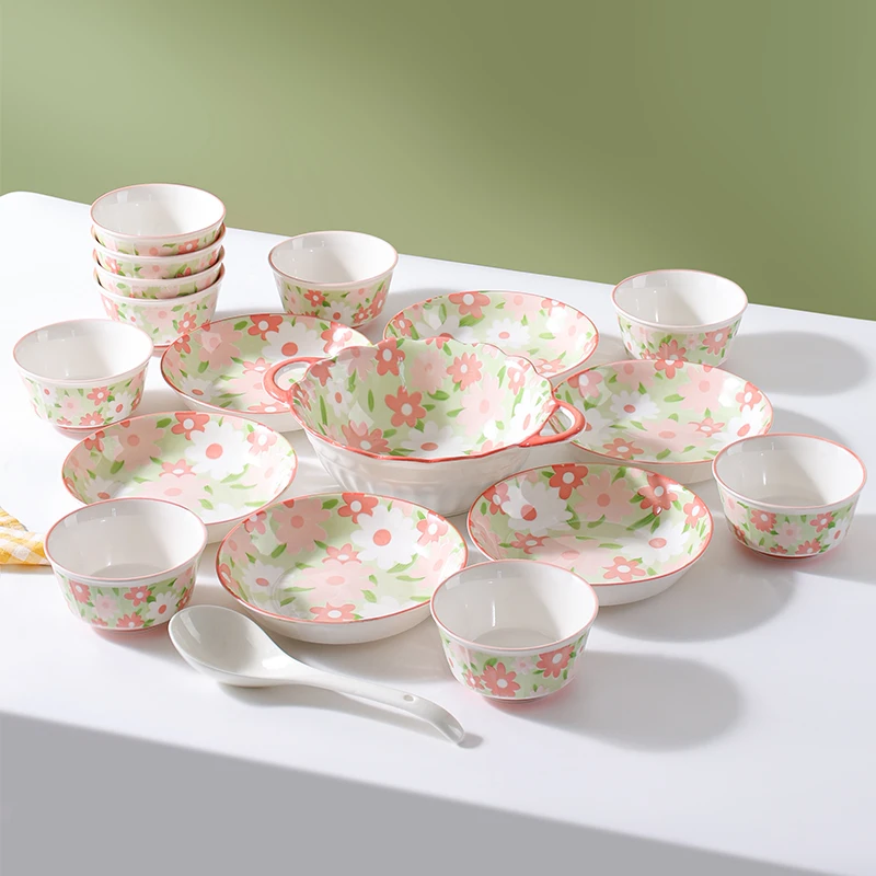 句途18件粉黛佳人陶瓷釉下彩餐具米饭碗菜盘防烫家用碗盘套装