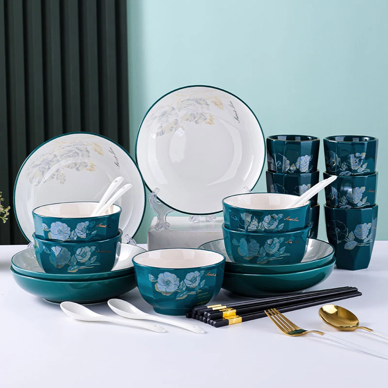 句途30件祖母绿餐具套装幸福生活家用米饭碗面碗盘子杯子轻奢碗盘