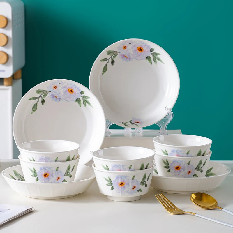 句途芙蓉花开10件餐具套装竖纹典雅碗米饭碗圆盘加厚防烫家用餐具