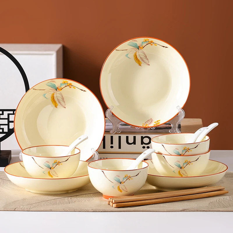 句途一枝独秀16件餐具套装饭碗圆盘加厚防烫耐高温家用陶瓷餐具
