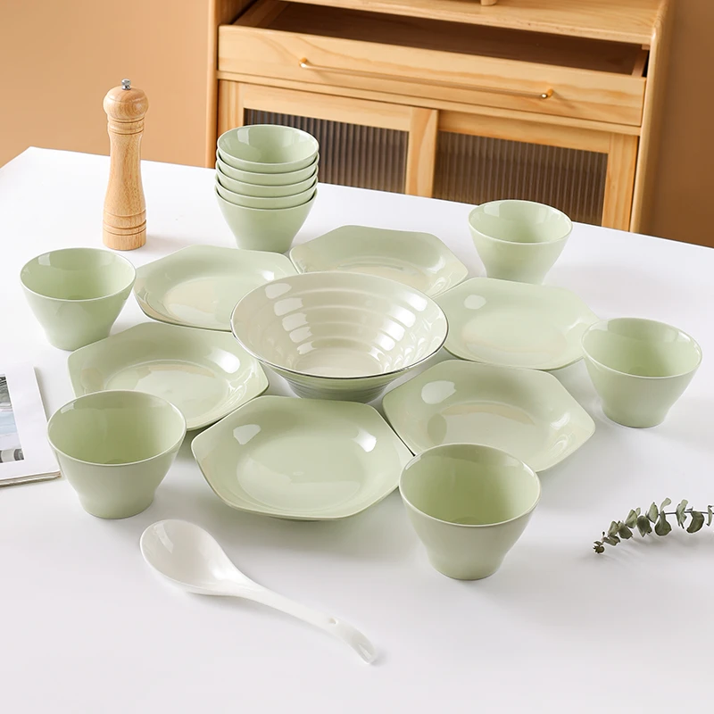 句途抹茶绿18件套吃饭碗米饭碗六角盘大汤碗家用团圆大拼盘套装