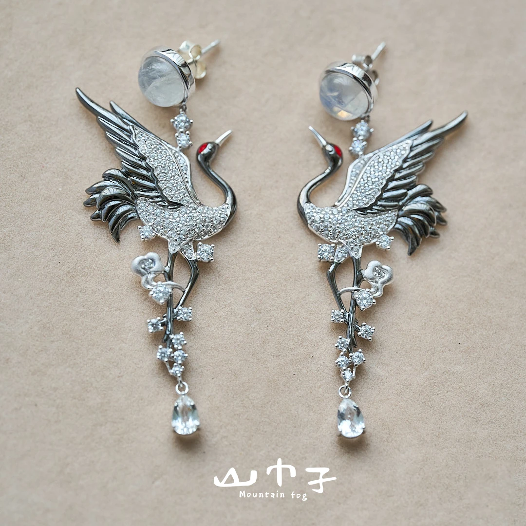 925银耳饰 【山巾子·瑞鹤】重工耳环重工胸针项链吊坠两用169