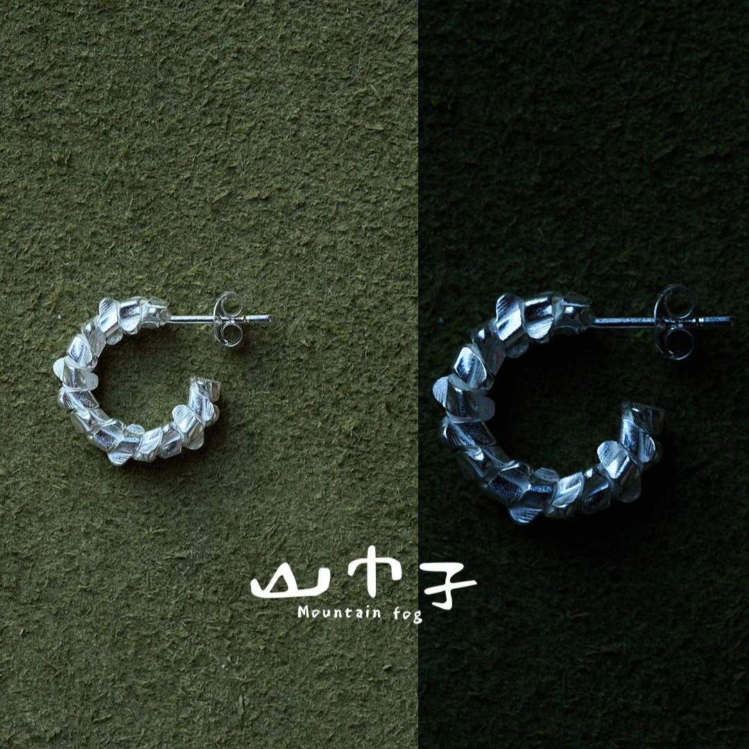 925银耳饰 【山巾子·卷卷】手工纯银耳环质朴糙感小众文艺