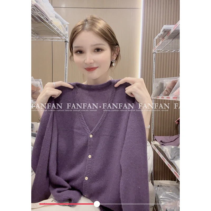 【葡萄紫V领】春装新款韩版时尚V领针织开衫女毛衣外套