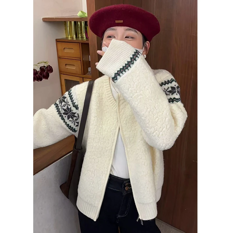 【名族风长袖】羊羔毛针织拼接加厚慵懒毛衣外套女FFQ5088