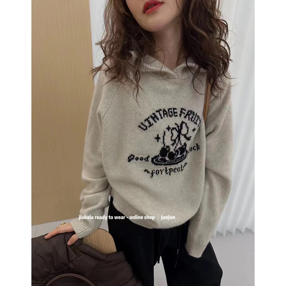 【樱桃提花连帽】加厚款宽松慵懒针织衫套头毛衣女外穿带帽上衣