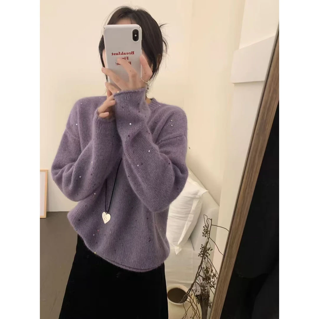 【仙紫亮片满天星】大亮片！加厚！宽松慵懒风针织毛衣女秋冬FFQ5011