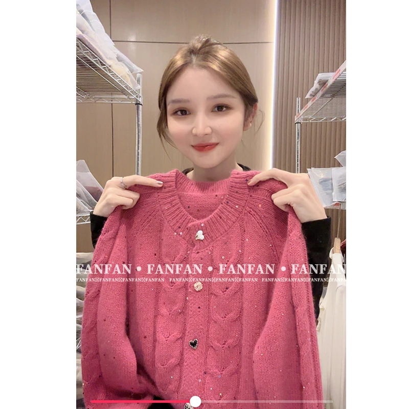 【鸳鸯扣亮片开衫】加厚慵懒风重工气质圆领针织开衫女毛衣FFN3031