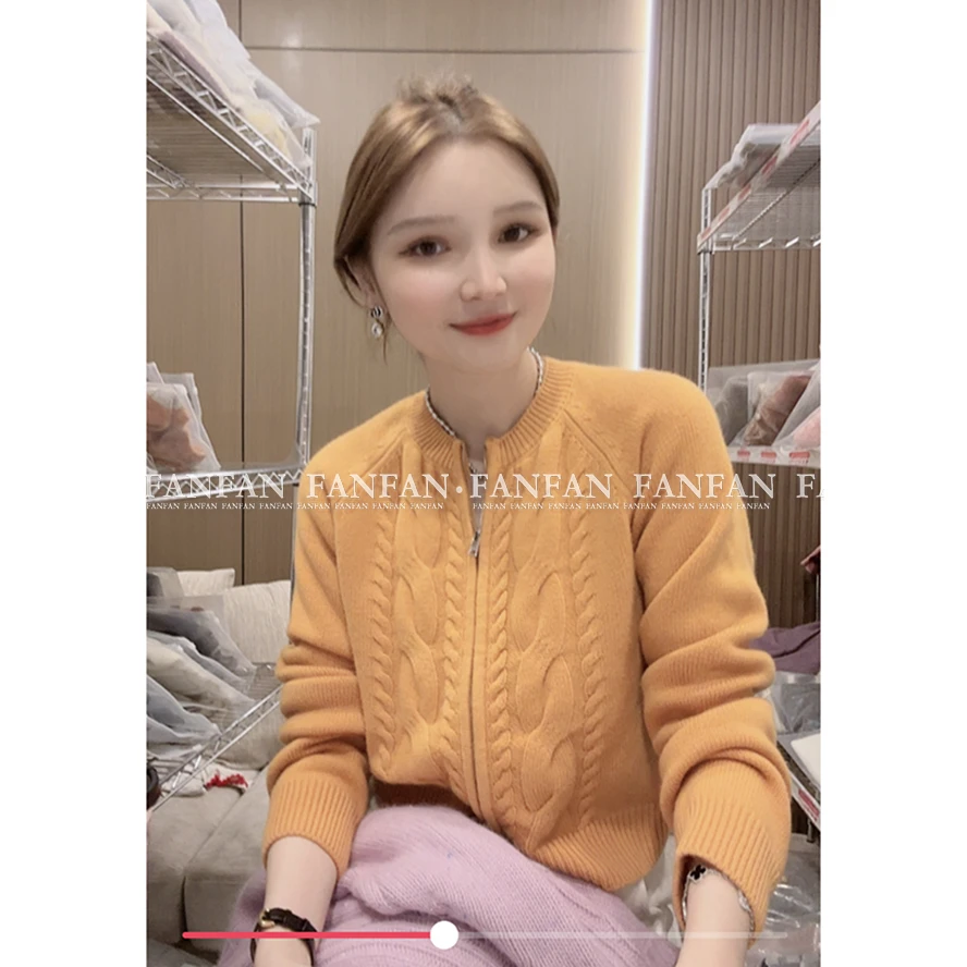 【南瓜麻花拉链衫】小个子短款加厚时尚针织开衫女外套FFN3024