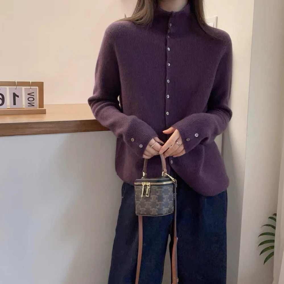 【高领紫色开衫】时尚韩版宽松纯色百搭针织套头开衫毛衣外套女