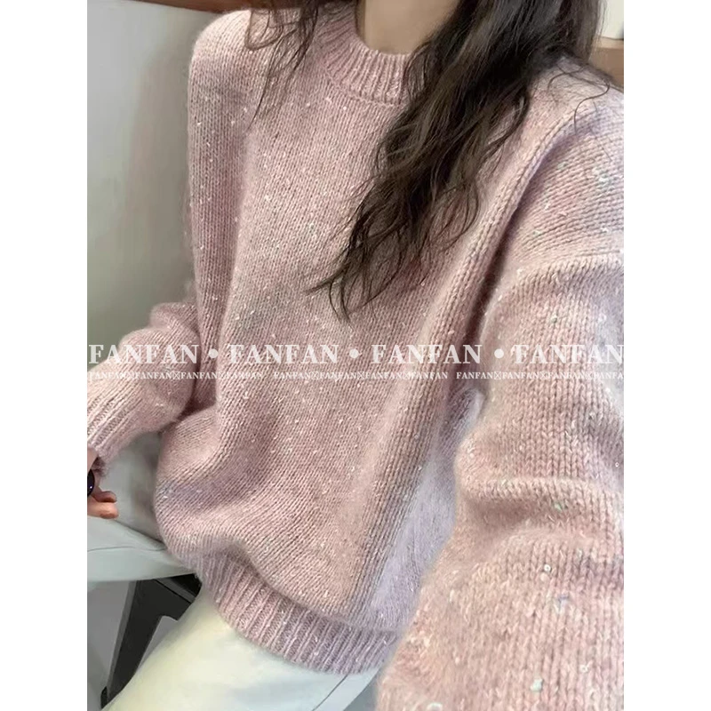 【粉彩豆套头】重工加厚韩版宽松时尚圆领套头毛衣女FFK6034
