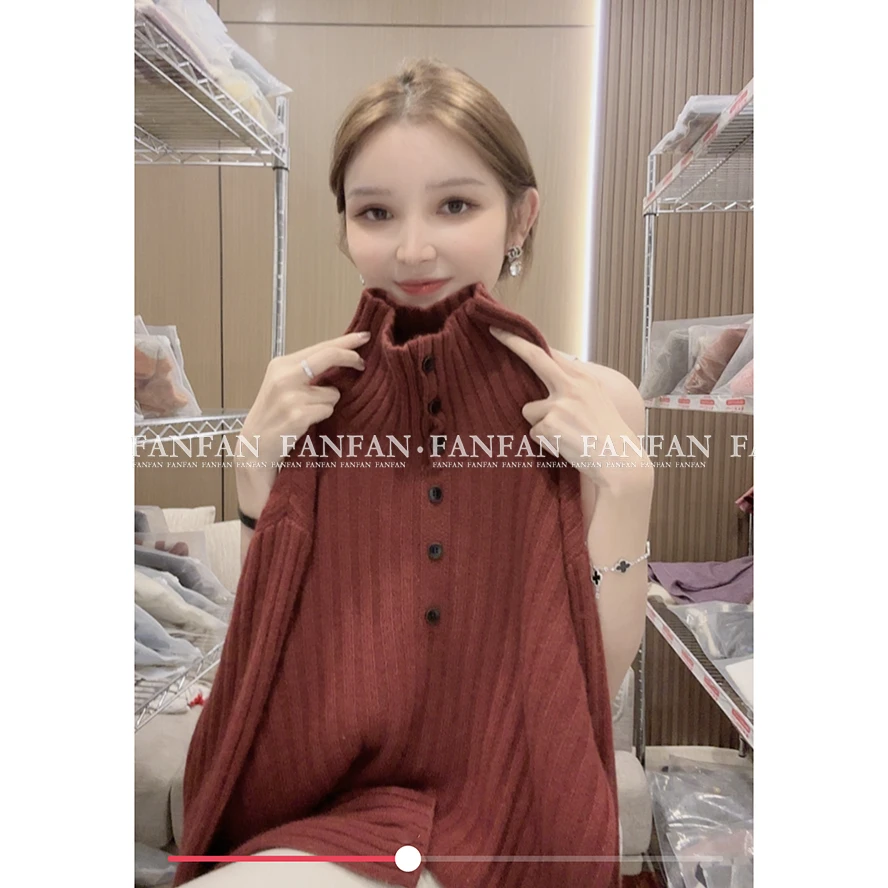 【竖坑条立领】加厚慵懒风宽松高领针织套头毛衣女冬季新款FFL1012