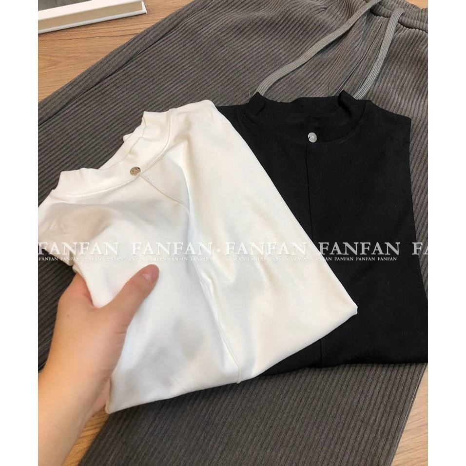 【银扣径线】纯色百搭基础款半高领长袖白T纯T恤女打底衫FFM8000