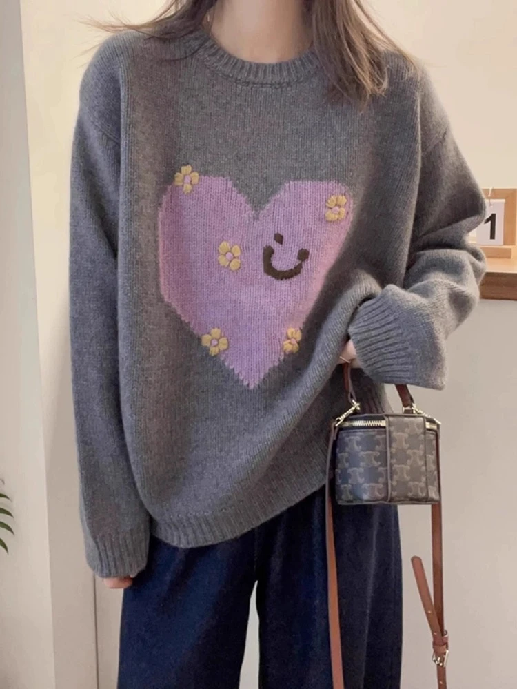 【小花爱心】时尚慵懒风宽松百搭秋冬套头针织毛衣女内搭打底衫