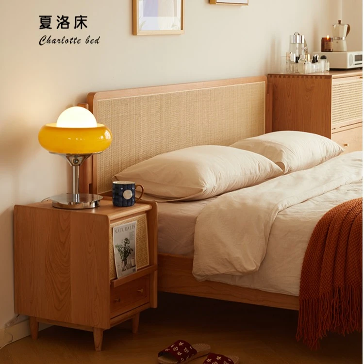 实木床1.8米1.5双人床主卧日式樱桃木小户型复古美式北欧藤编床