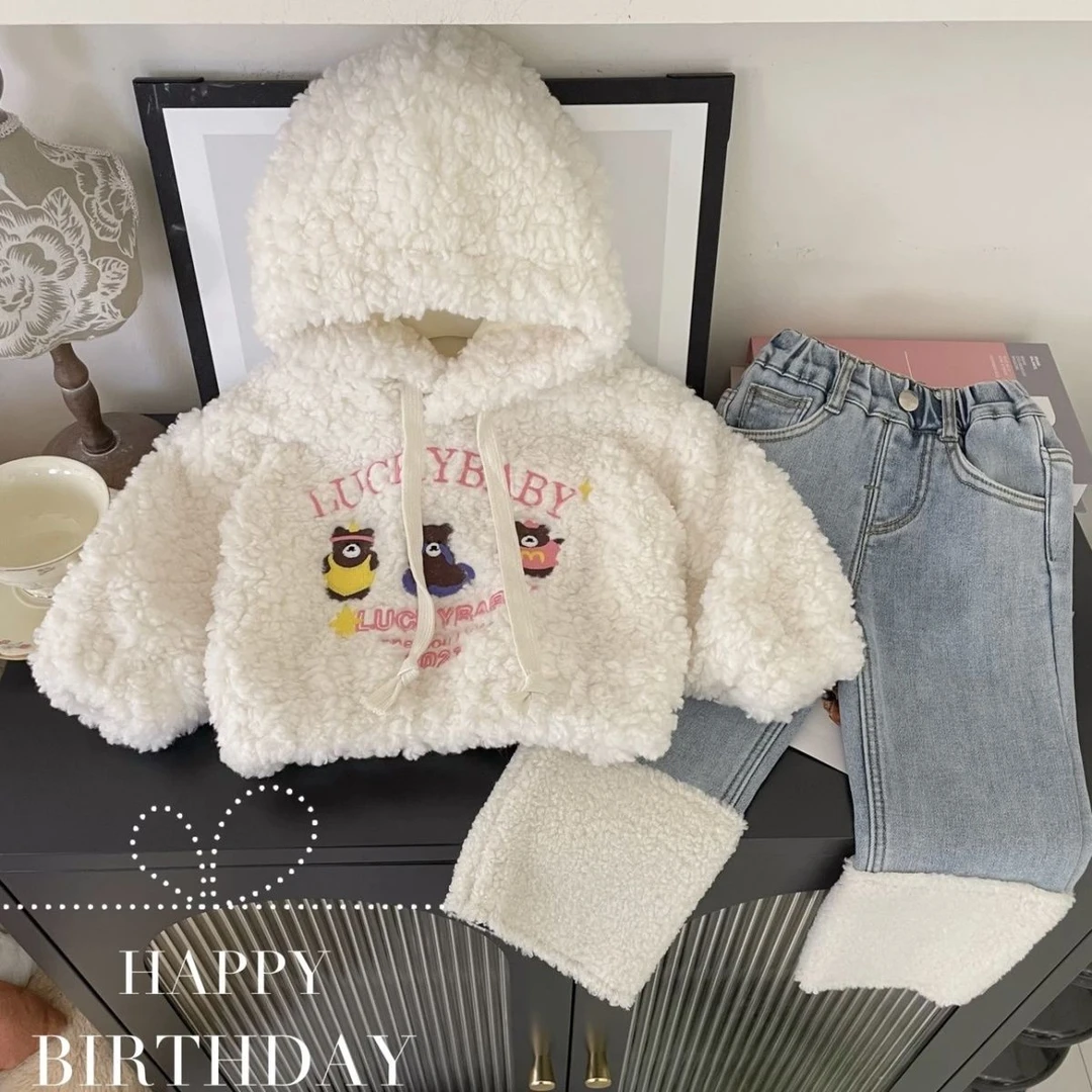 女童加绒套装韩版冬季保暖羊羔绒上衣卫衣套装连帽外套卫裤两件套