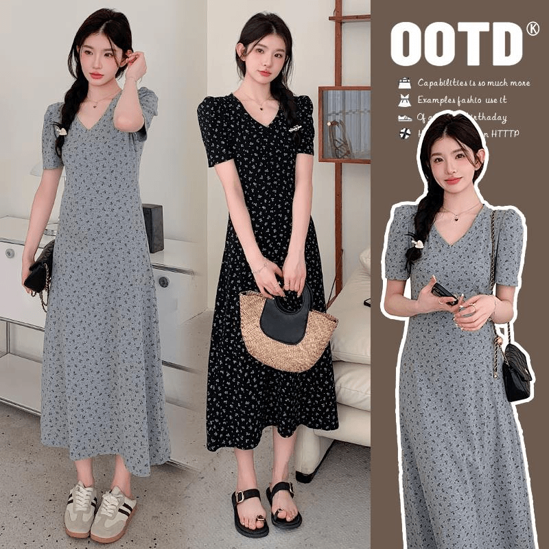 孕妇夏装连衣裙洋气时髦2024新款时尚领泡泡袖碎花长裙夏季薄款
