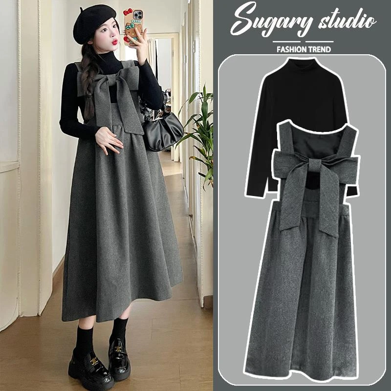 孕妇套装秋冬款2024新款毛呢背心裙冬季小个子洋气保暖字裙子女