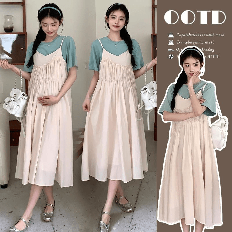 孕妇装2024新款两件套夏季连衣裙大码吊带裙慵懒风夏天套装短袖裙