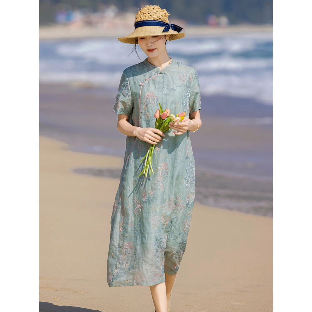国风刺绣苎麻碎花连衣裙2025新款女春夏装气质棉麻中式旗袍改良版