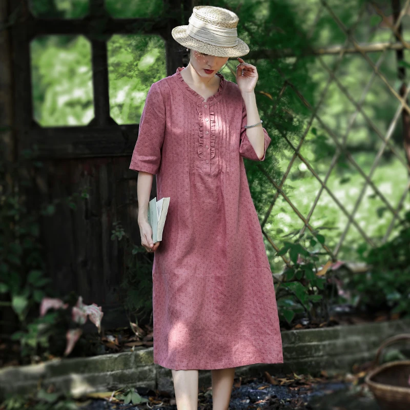 高端纯亚麻连衣裙秋装女款2025年新款气质文艺复古棉麻碎花裙子夏